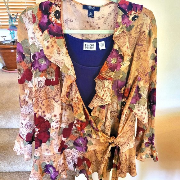 2 pcs Chaps Blouse with Wrist Tie and Chico's Purple Top Tank - Size 2X - Picture 1 of 7